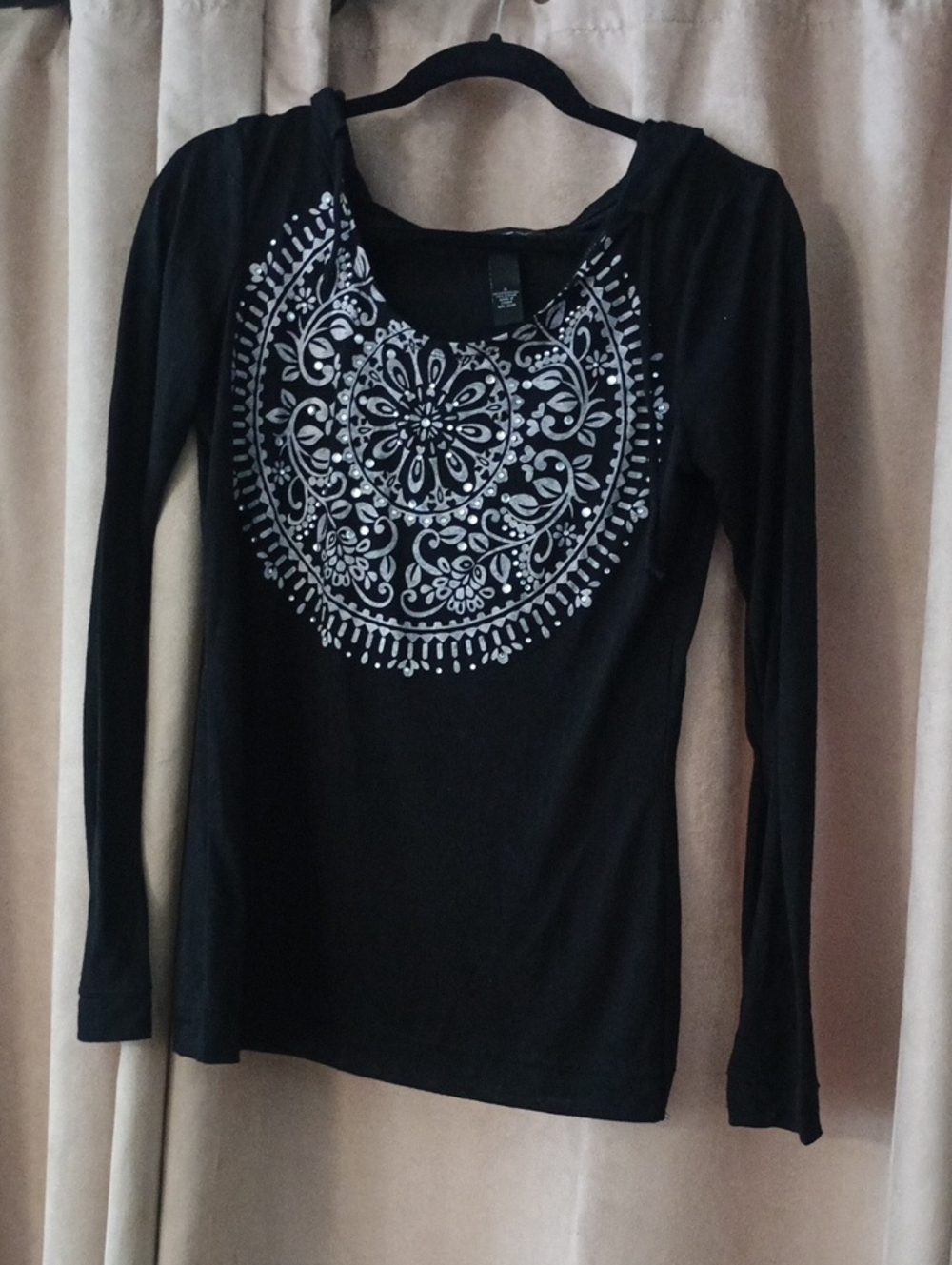 INC International Concepts Black Long Sleeve Top with White Mandala